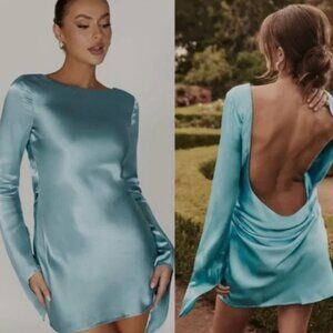 MESHKI Davina satin long sleeve backless mini dress in powder blue small NWT